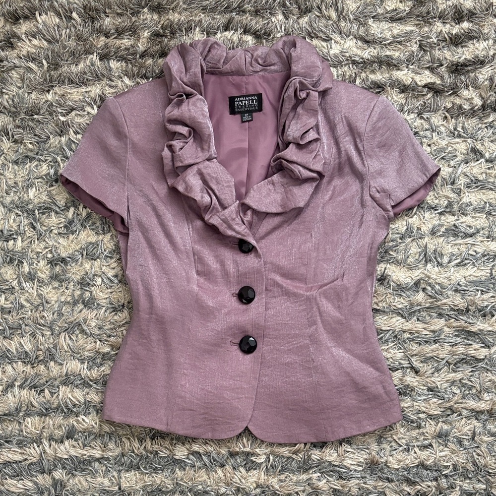 Adrianna Papell Short Sleeve Ruffled Satin Blouse In Purple or Cream